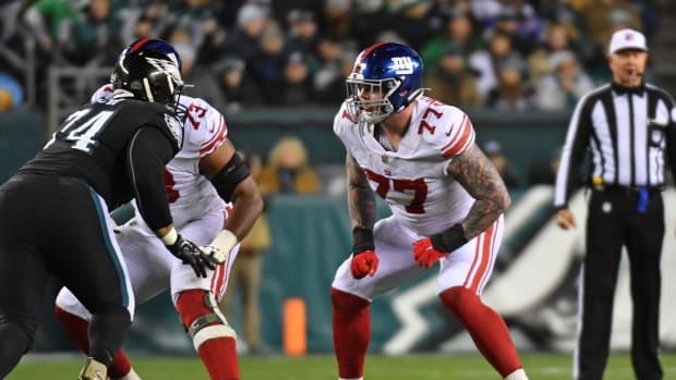 Jan 8, 2023; Philadelphia, Pennsylvania, USA; New York Giants guard Jack Anderson (77) against the Philadelphia Eagles at Lincoln Financial Field.